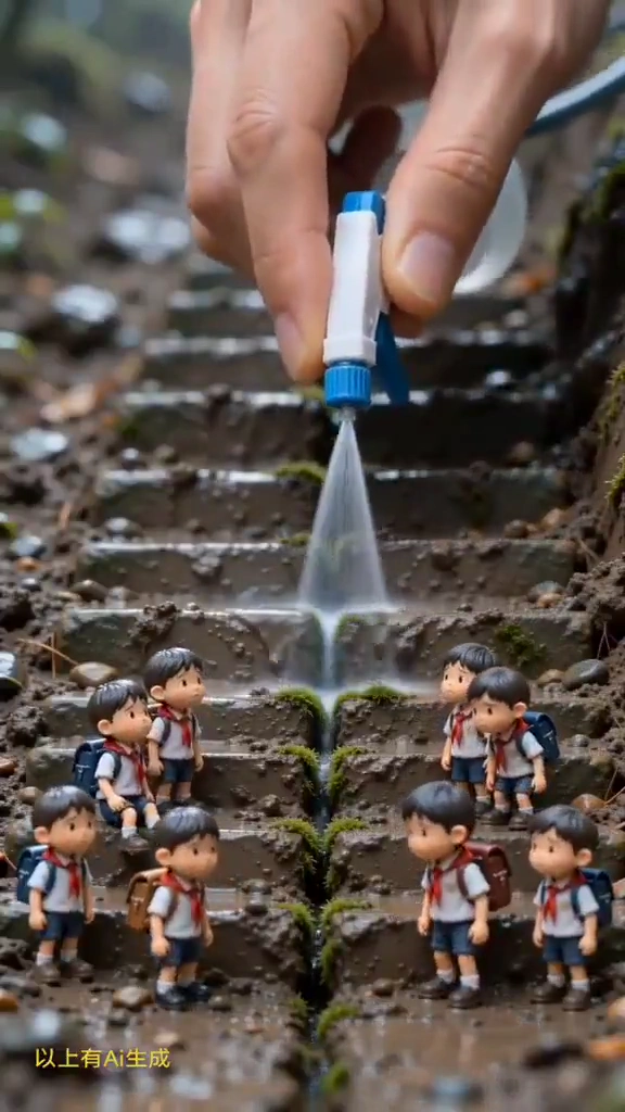 Tiny Children in Rain-Soaked Forest Ascend Ancient Steps