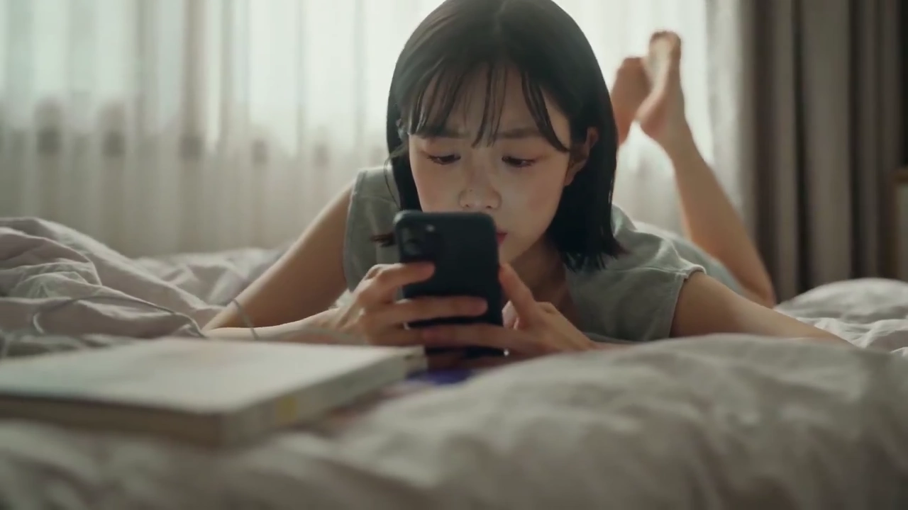Pajama-Clad Woman's Phone Call and Cat Visit in Bedroom