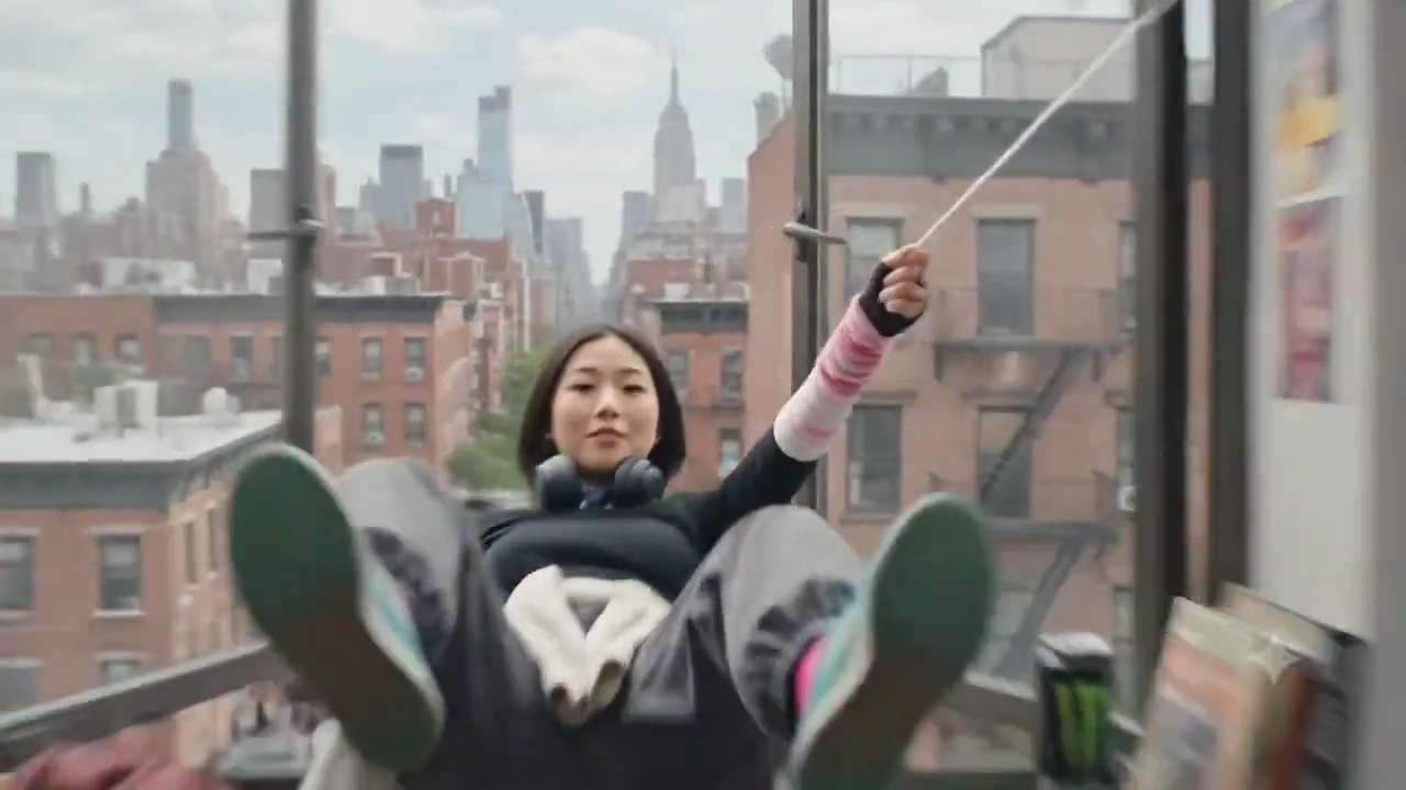 Black Bobbed Heroine Flips Over Traffic in Photorealistic City