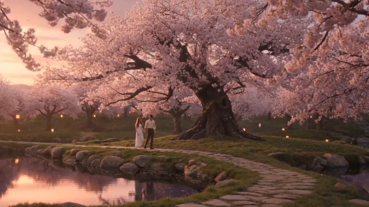 Lovers Stroll Through a Pink Valley as Lanterns Glow in Twilight
