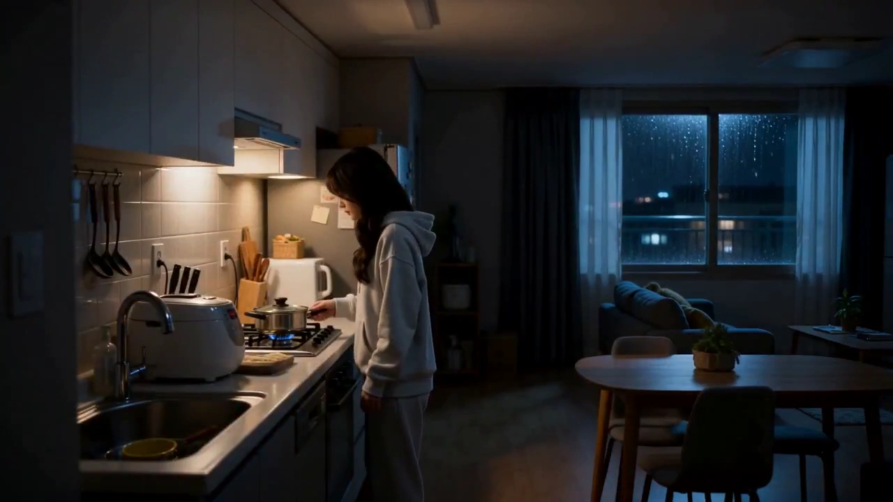 Cozy Rainy Night Ramen Making and TV Watching in Soft Light