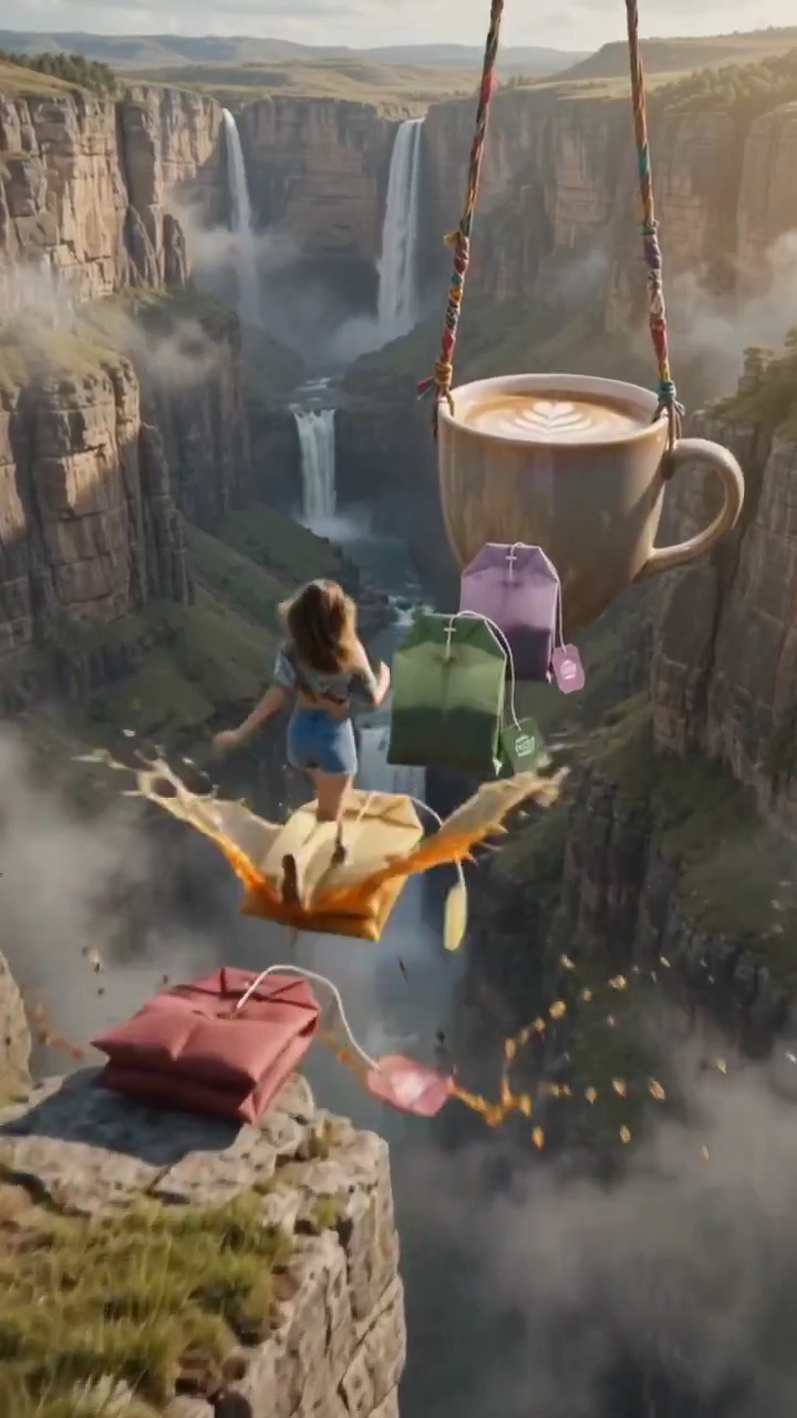 Athlete Glides to Floating Coffee Amid Waterfall Canyon