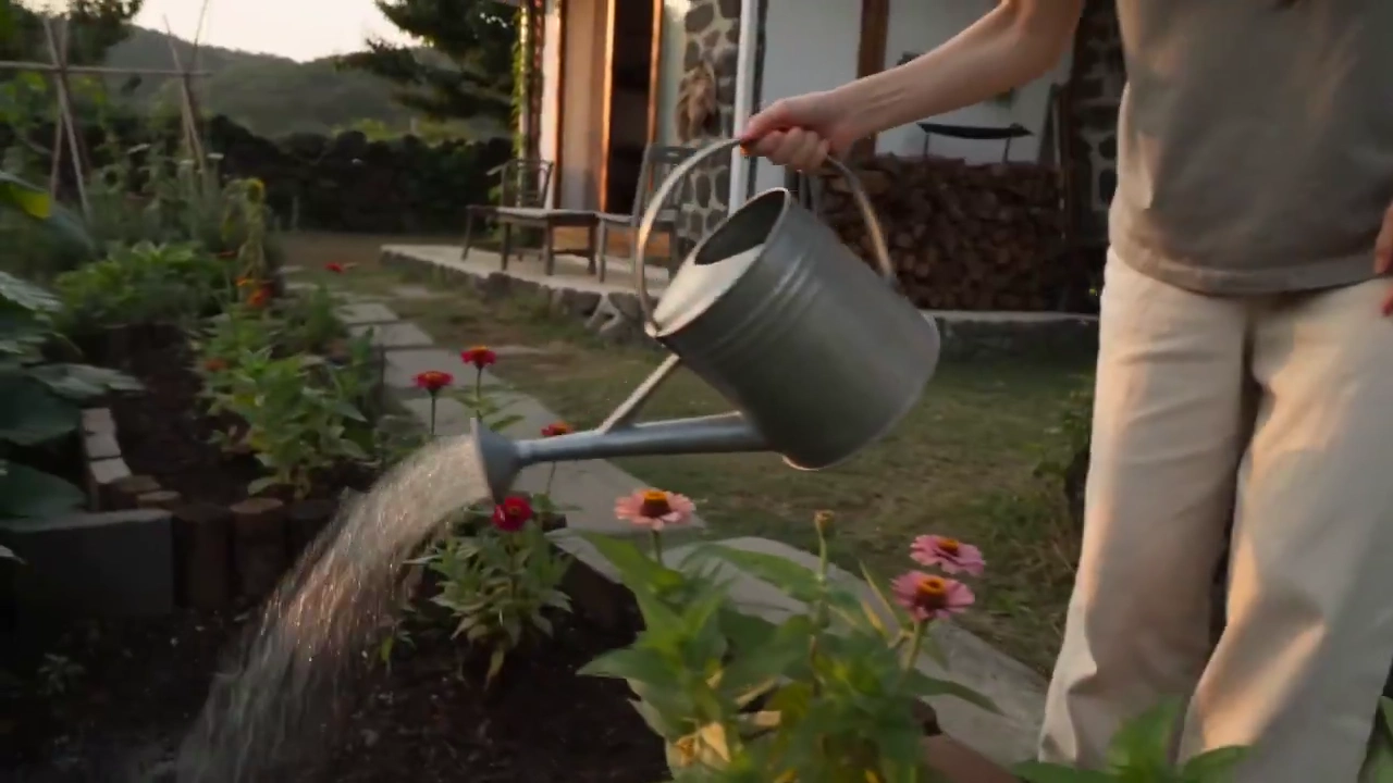 Woman's Homely Watering Ritual Unfolds in Warm Countryside Light