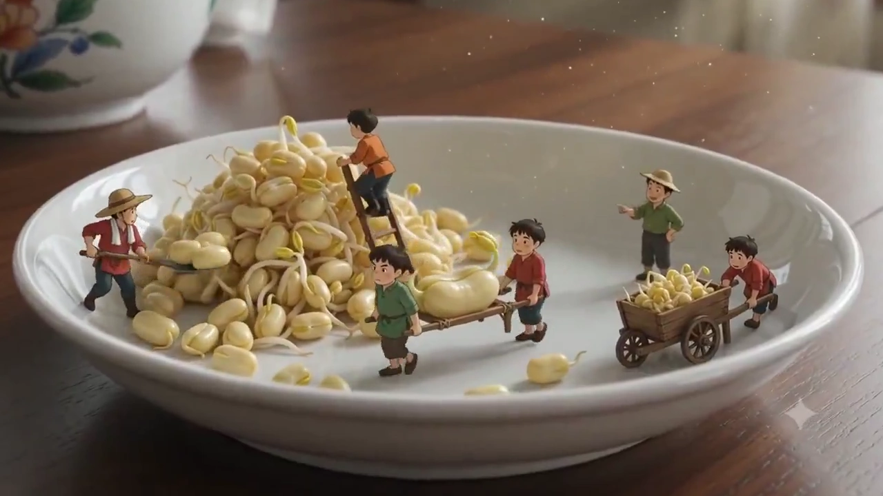Miniature Ghibli Crew Rallies to Move Giant Soybean Sprouts
