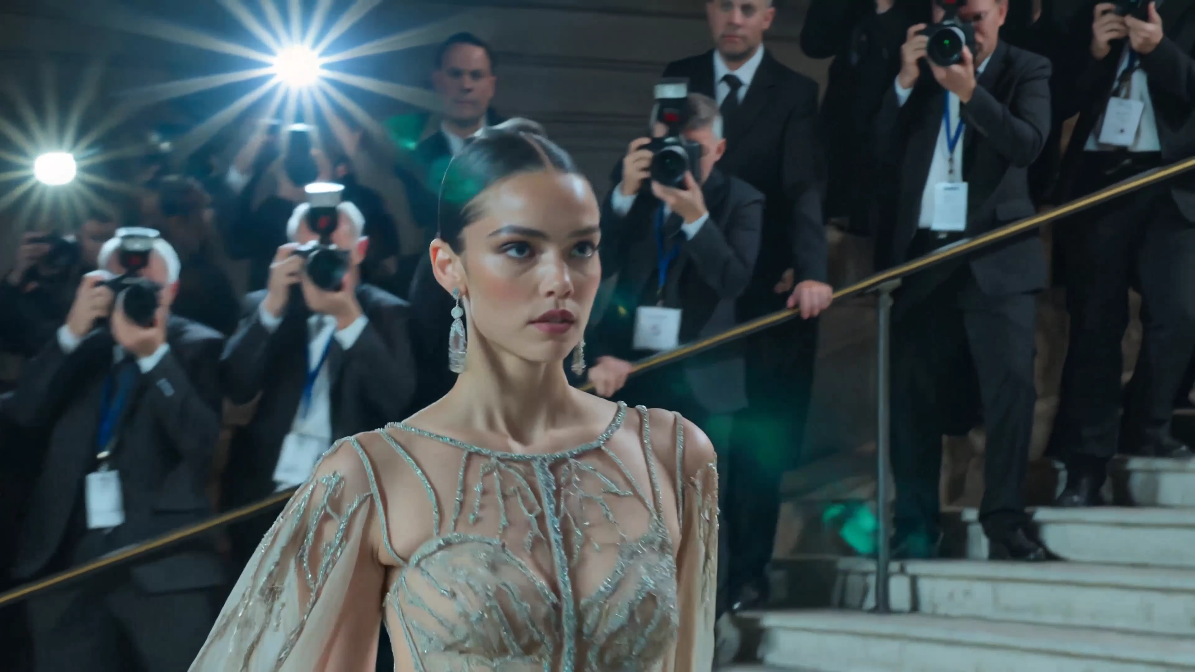 Paparazzi Flares Frame a Gown's Sweep on the Museum Staircase