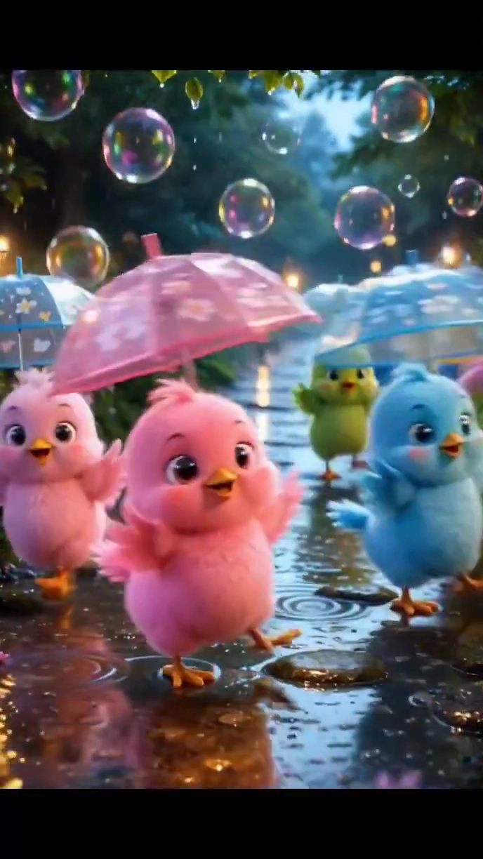 Sky-Blue and Pink Chicks Frolic in Rainwater Amid Floating Hearts