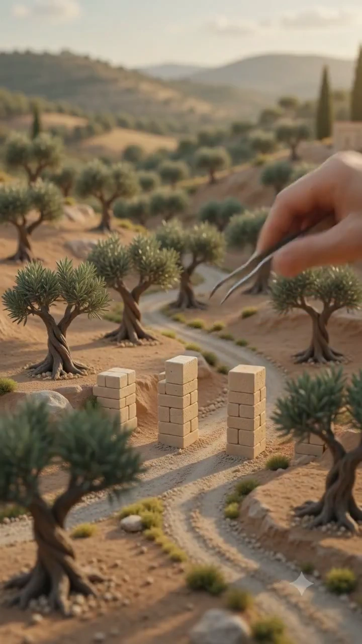 Golden light spills on tiny masons crafting a stone aqueduct