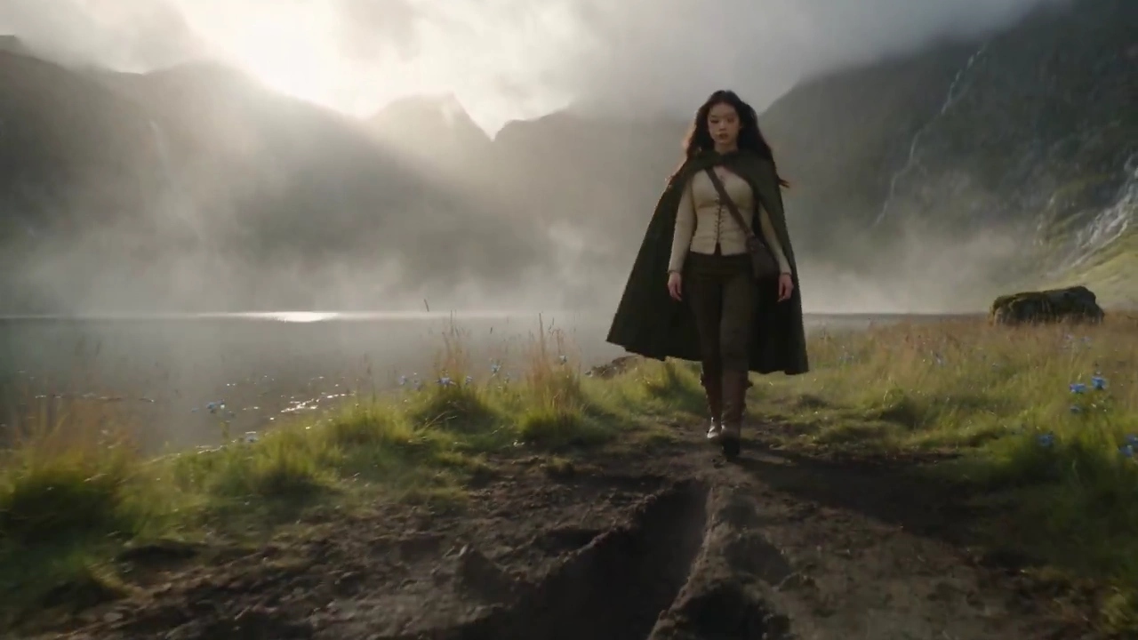 Ancient Ivory Dragon Greets a Traveler on a Mountain Lake Shore