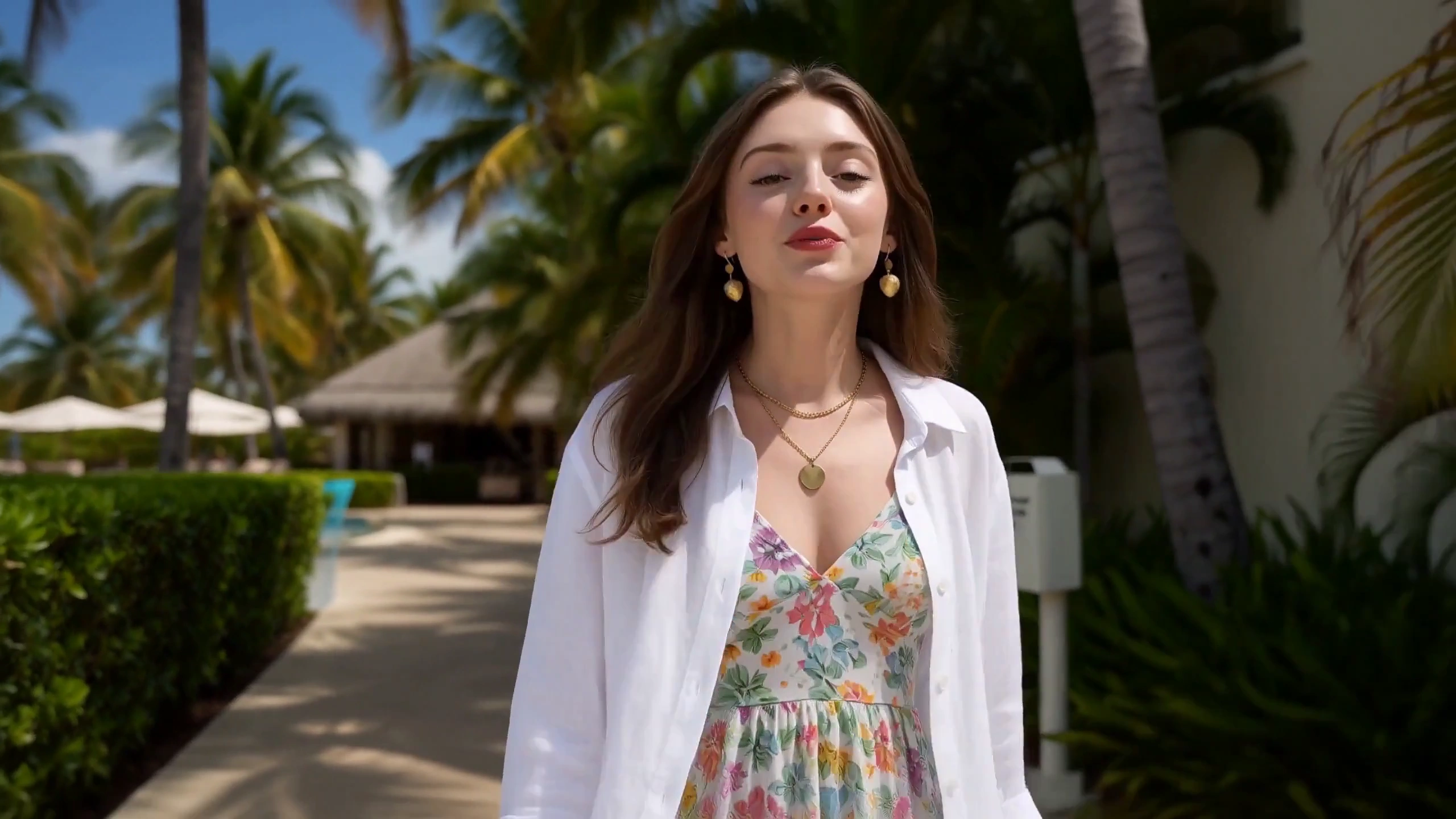 A Woman in White Linen Explores a Sunny Resort's Turquoise Pool