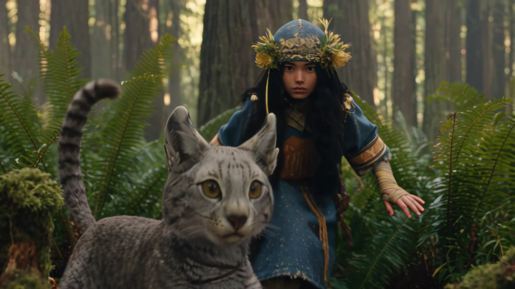 Cat Bargains with Forest Spirits in Dark Fantasy Scene