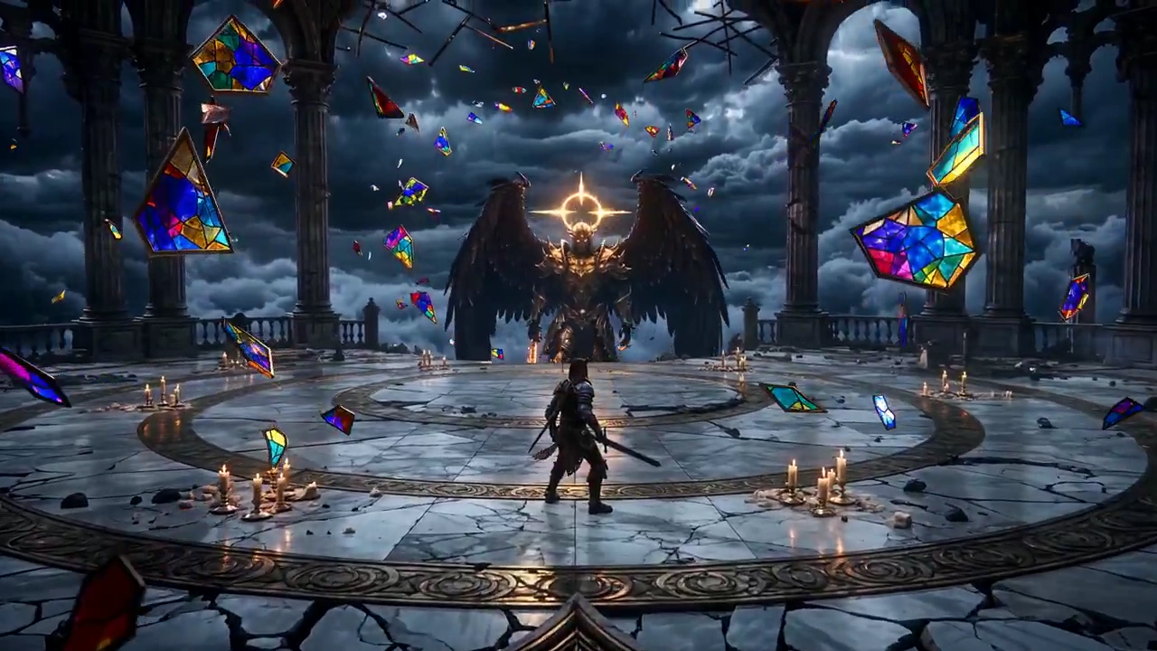 Sky Cathedral Falls as Warrior Battles a Broken-Haloed Angel
