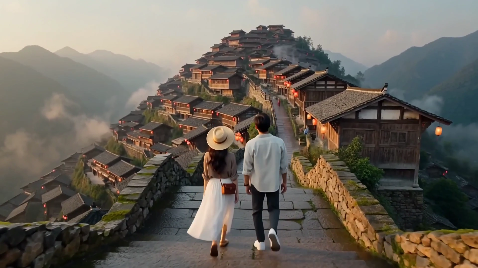 Lantern-Lit Paths Lead Young Travelers Through Hillside Hamlet