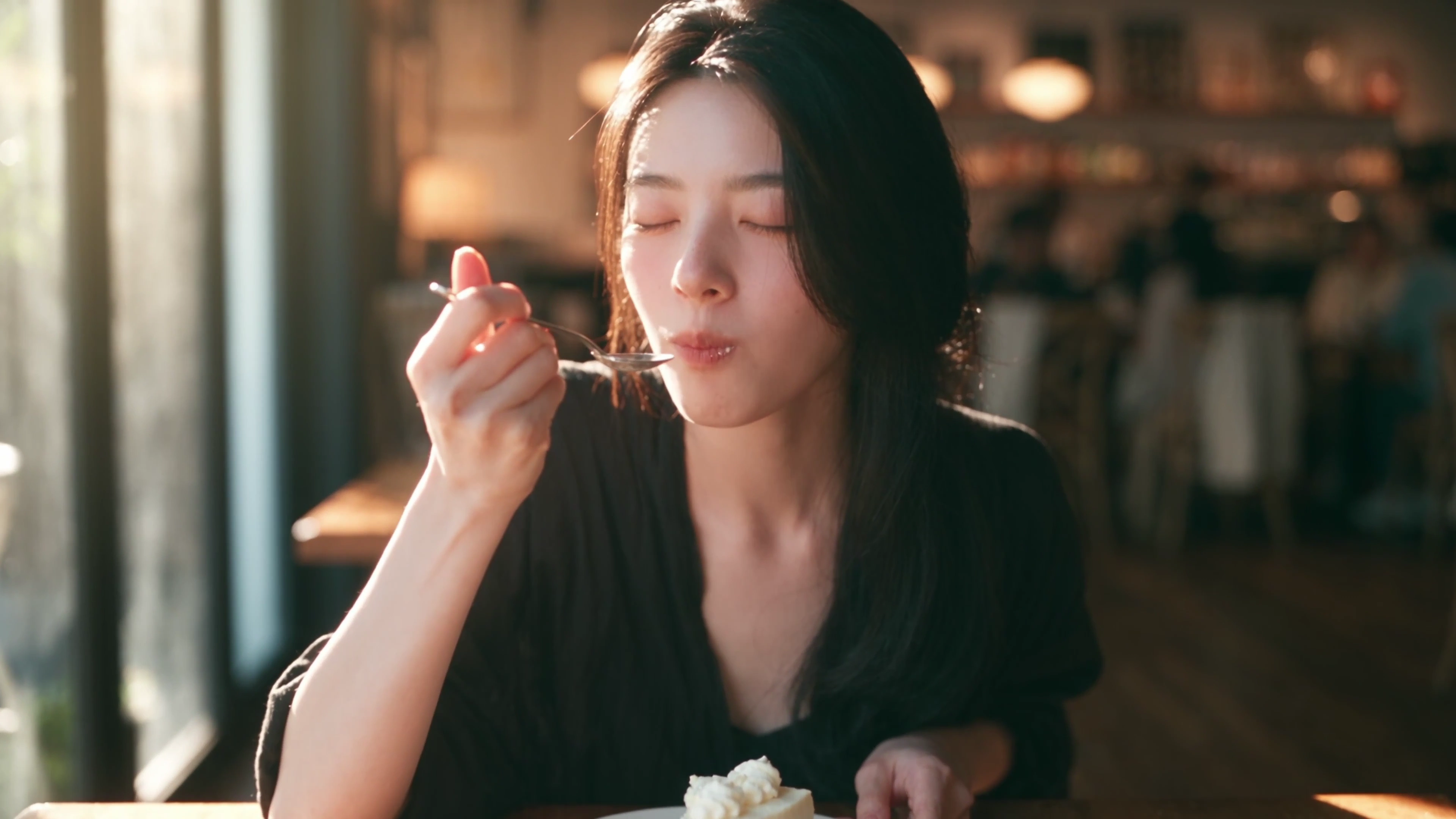 Creamy Dessert Sparks Coy Flush in Sunlit Café Scene