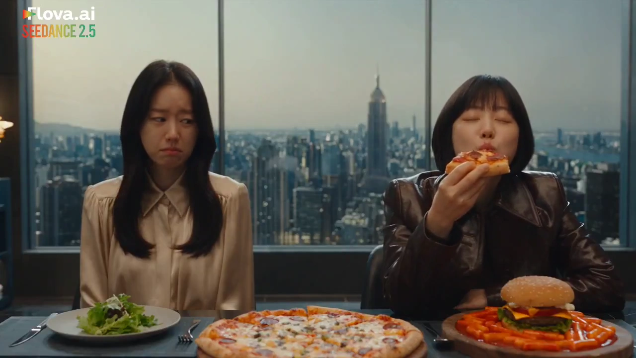 Panic-Eating Duo Devours Burgers Amid Apocalyptic City Blast
