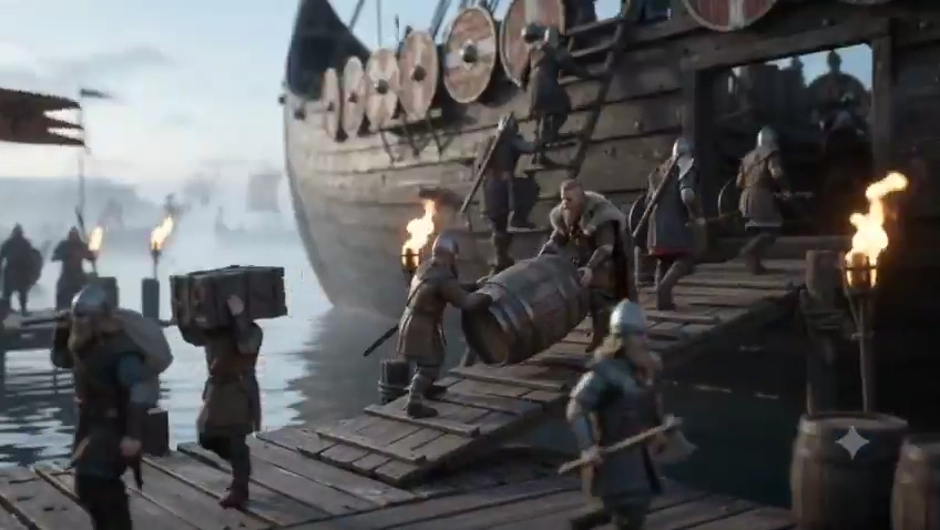 Lilliputian Norse Crew Readies Gigantic Dragon Ship in Fog