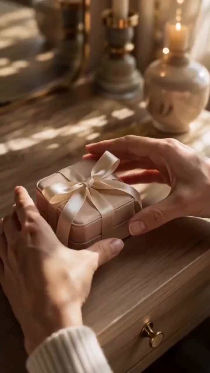 A Woman Discovers a Sparkling Pendant in a Sunlit Bedroom