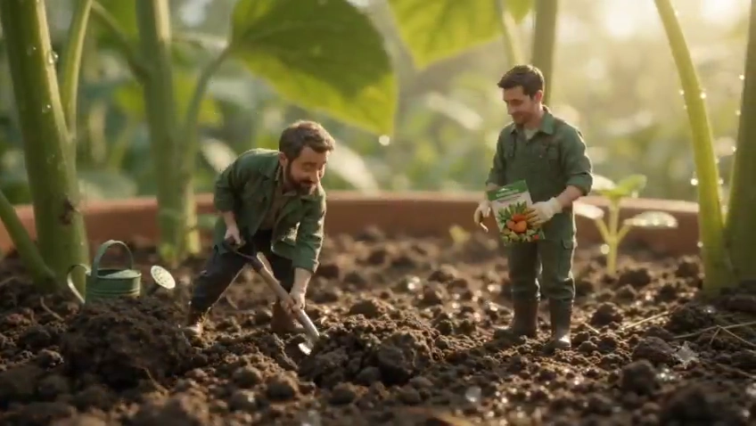 Miniature Green Thumbs Cultivate a Towering Flowerpot in Sunlight