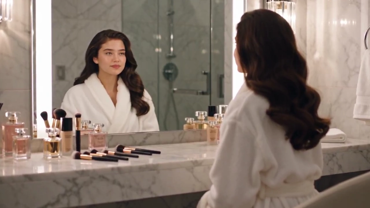 Graceful Beauty Routine Unfolds in Sunlit Bathroom Mirror