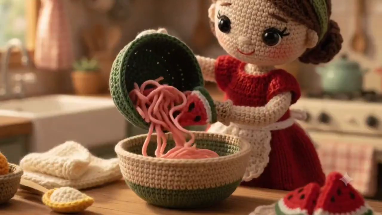 Stop-Motion Yarn Kitchen Whimsy: Doll Crafts Plush Watermelon Dessert