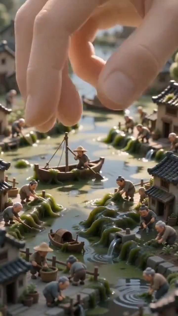 Miniature World Transforms as Huge Fingers Create Shade for Villagers