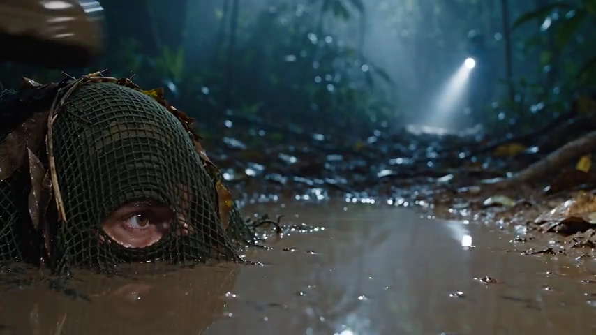 Hidden Eye Watches Patrol Boots Splash Through Moonlit Jungle Puddle