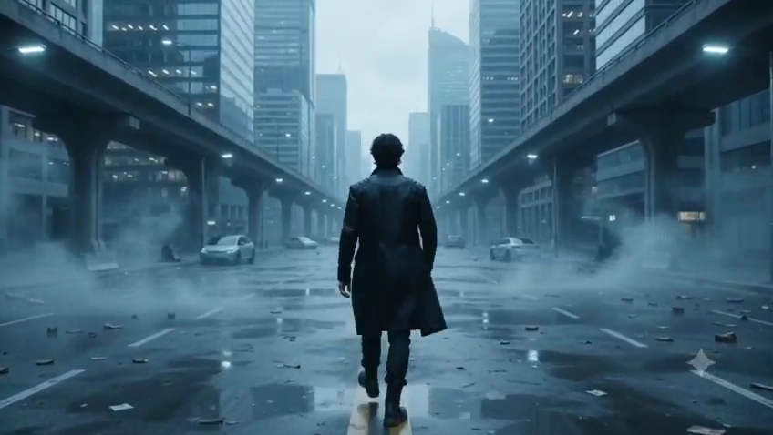 Solo Wanderer In Silent Future City Faces Sudden Holographic Onslaught