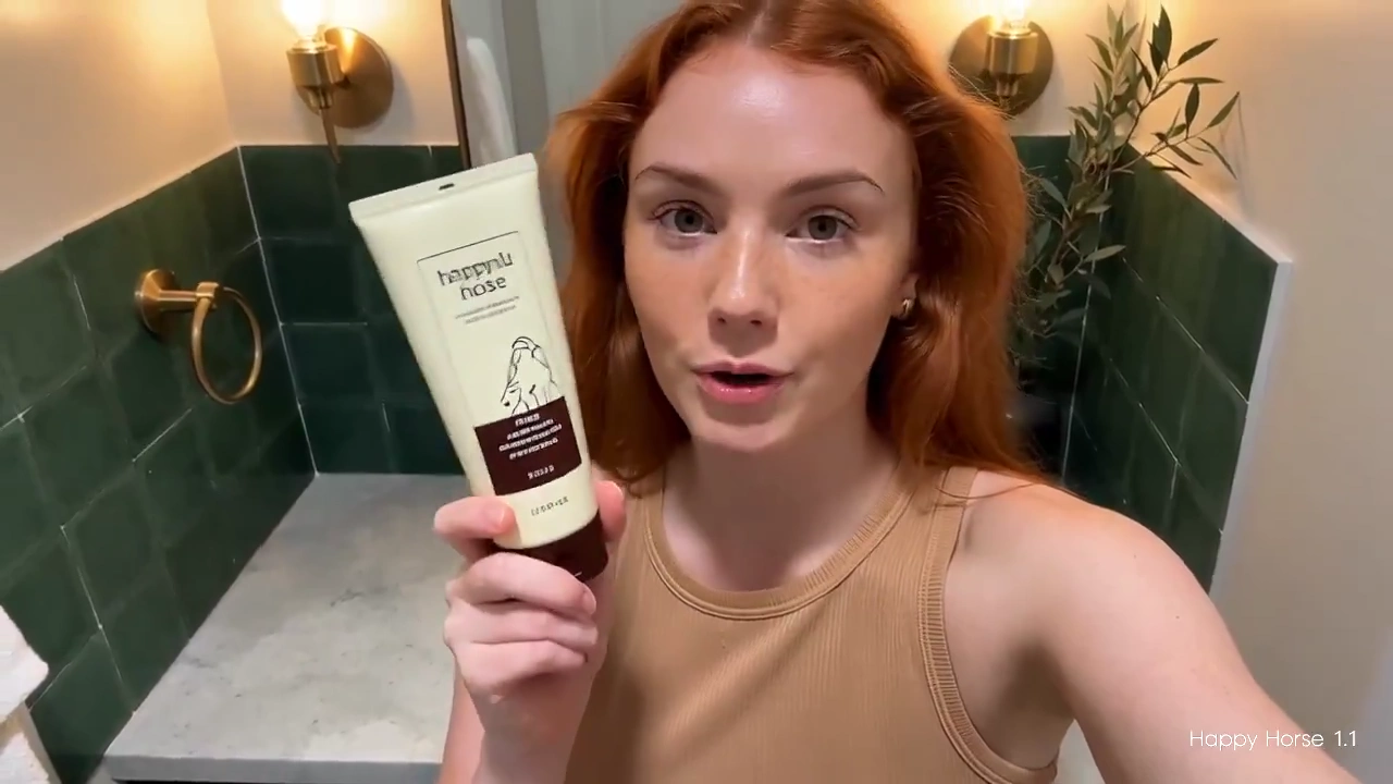 Copper-Haired Woman Demonstrates Happyhorse Lotion on Marble Counter