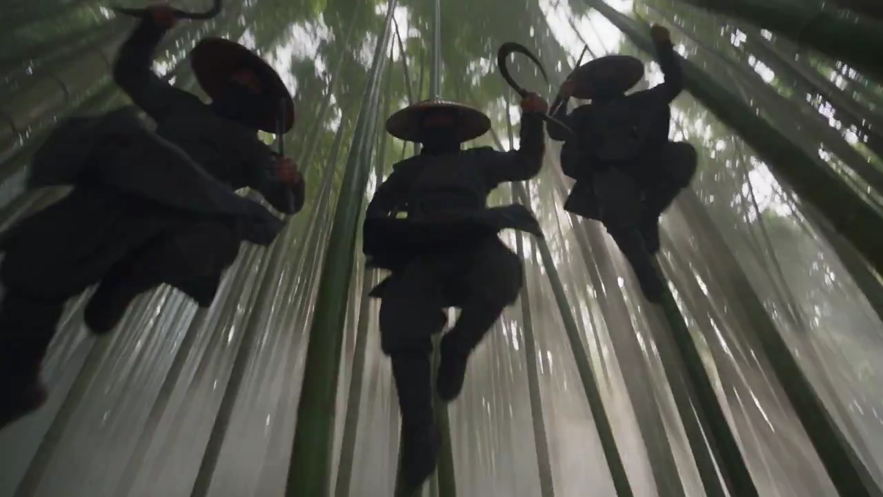 Straw-Hatted Trio Falls from Foggy Bamboo to Face Lone Swordsman