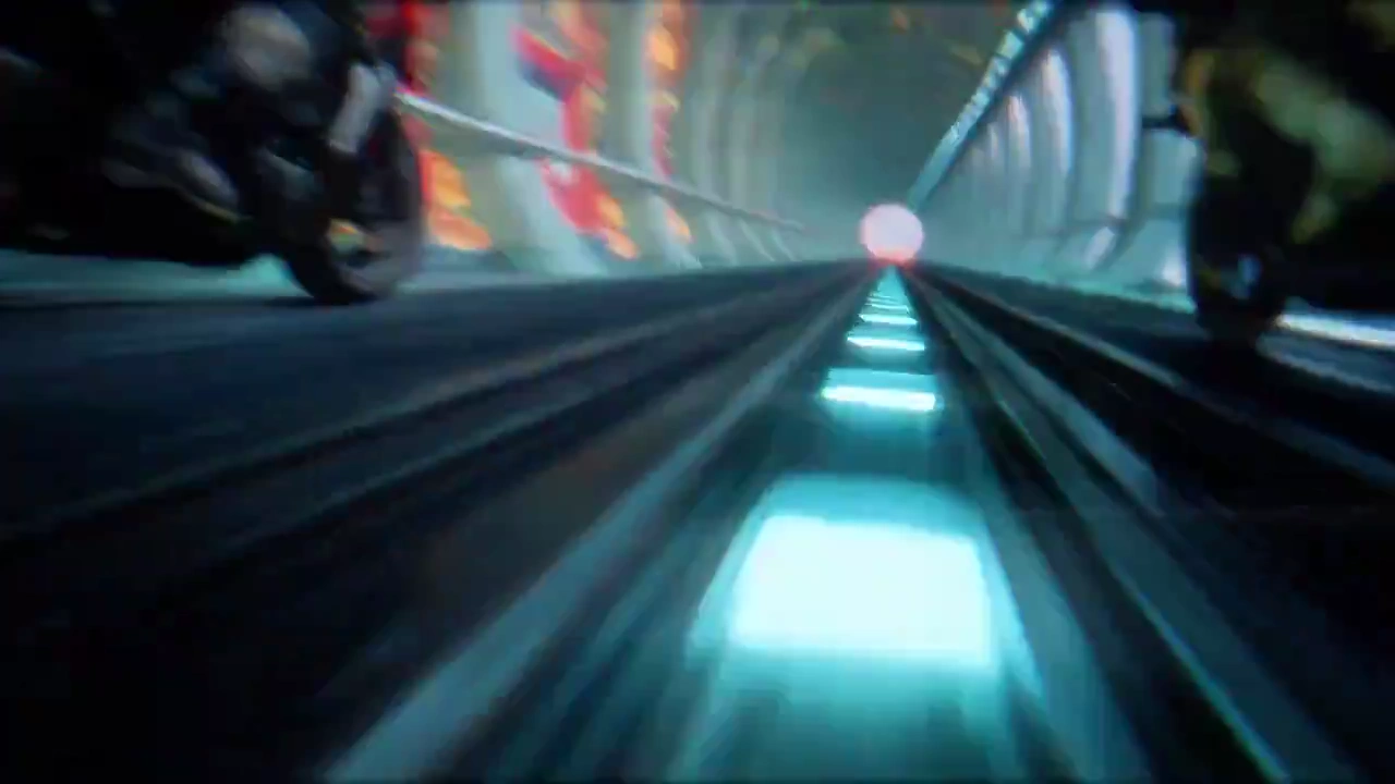 Armored Riders Battle in Transparent Sky Tunnel at Breakneck Speed
