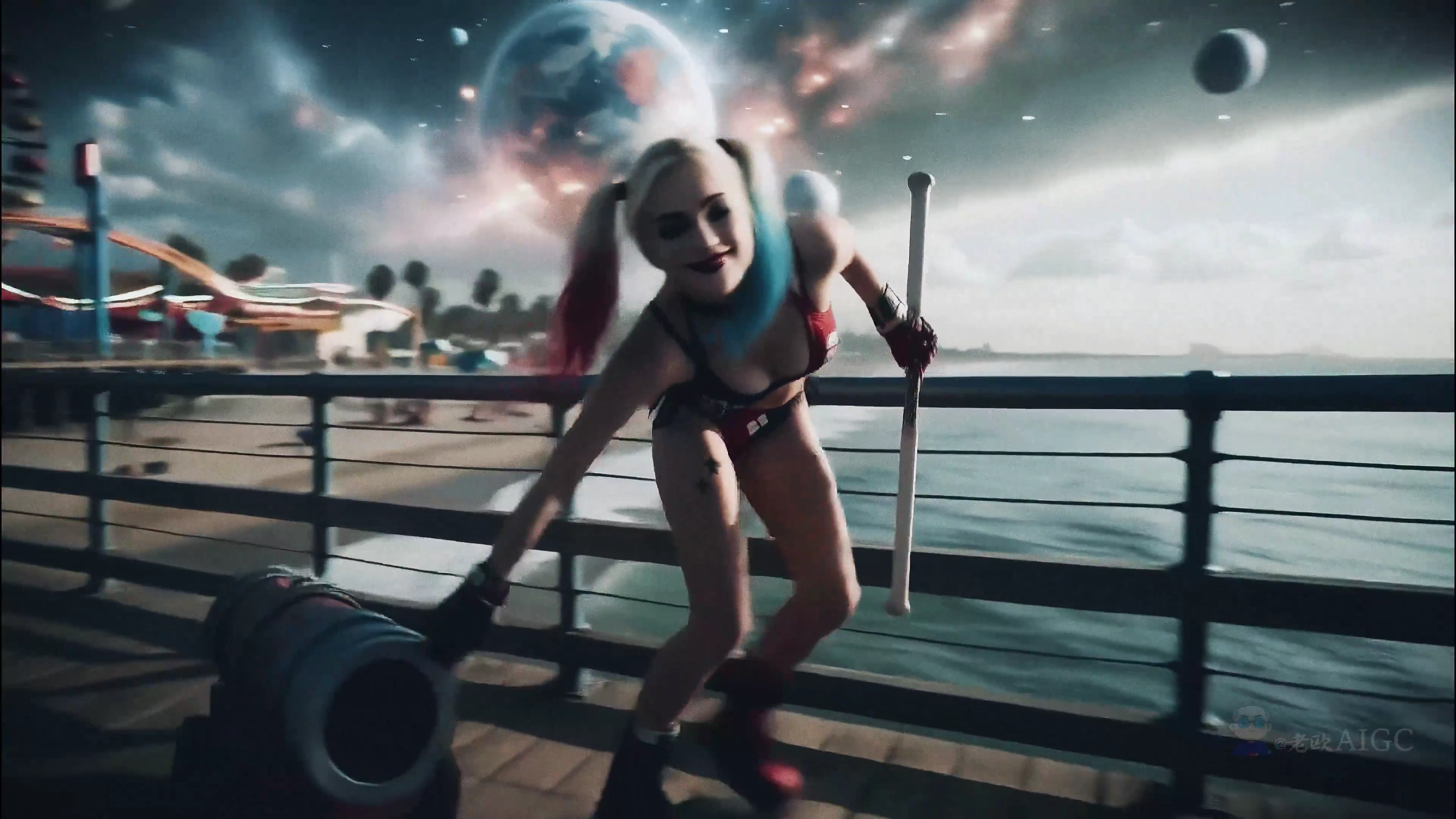 Clown Girl Crouches by Railing, Lights Fuse as Gulls Scatter