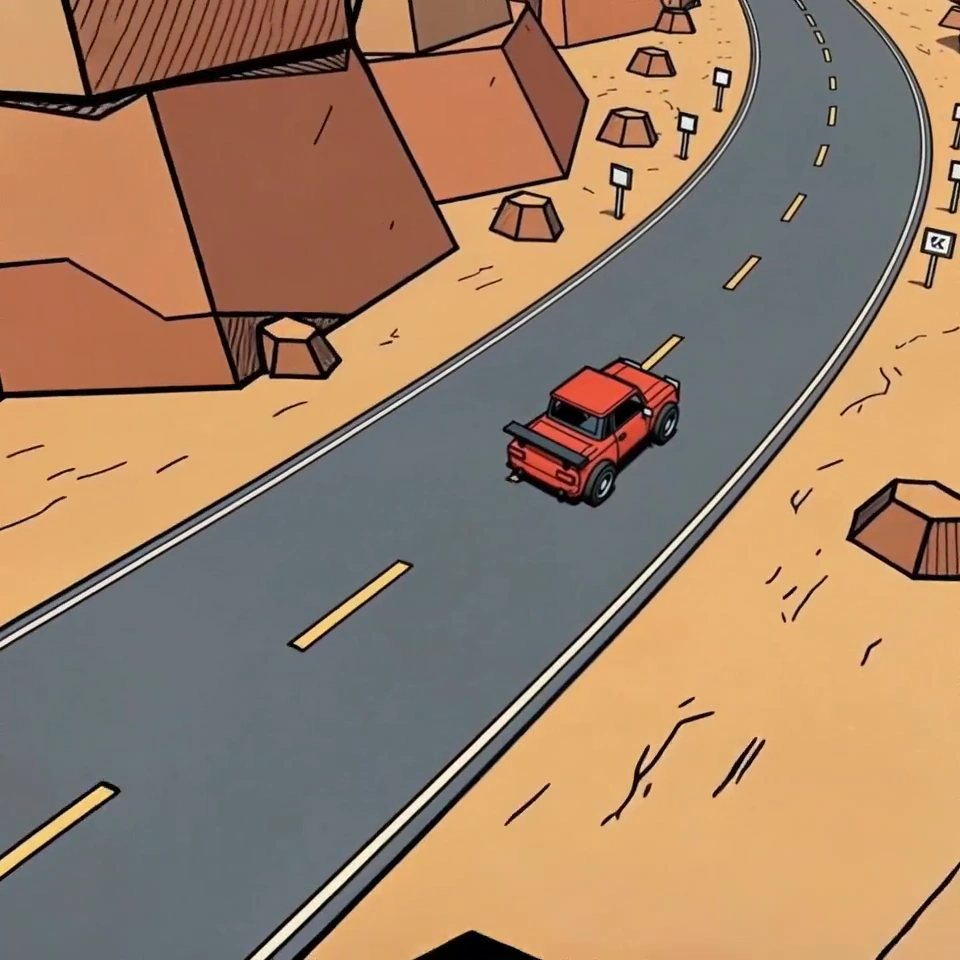 Cel-Shaded Pickup Rides Rugged Canyon Curves in Cinematic 3D
