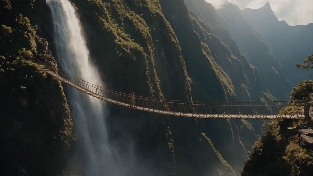 Loose-Haired Hiker Dashes Across Collapsing Bridge in Mountain Canyon