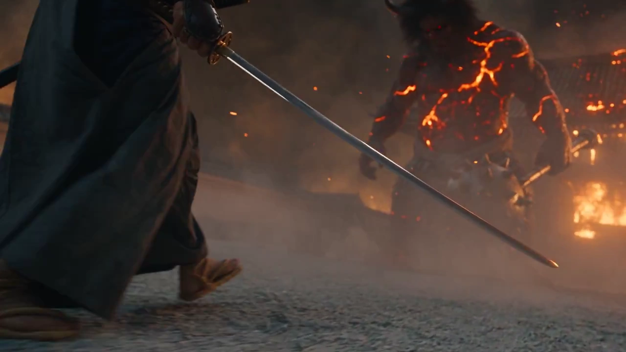 Lone Warrior Faces Demon Amid Falling Ash and Broken Pagoda