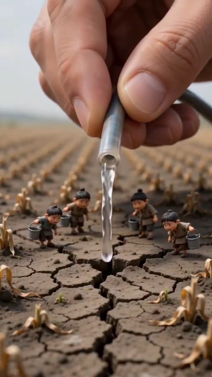 Miniature Farmers Rejoice When Giant Hand Brings Water to Barren Fields