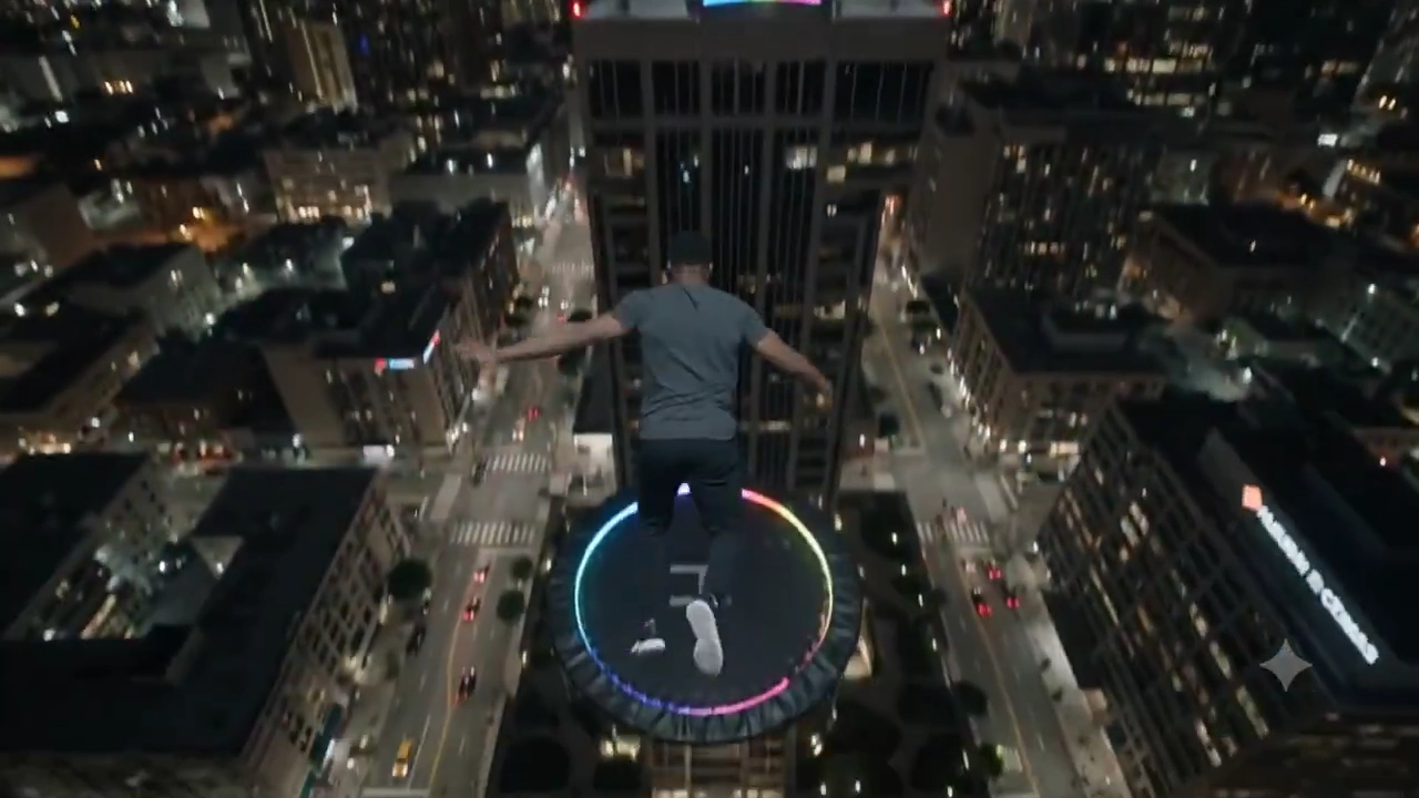 Handheld Shot Of Daring Free Fall And Powerful Rebound In City