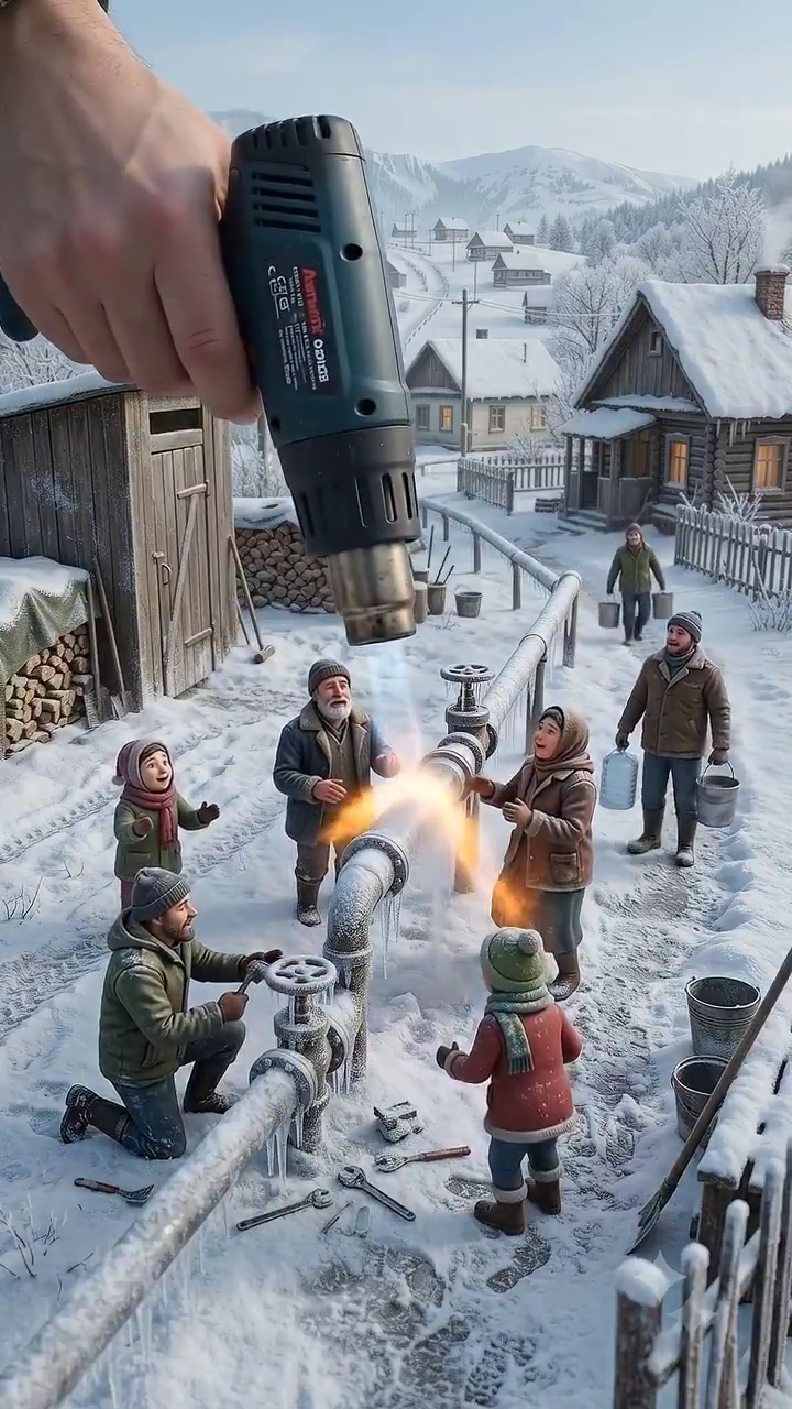 Villagers Battle Thick Ice on Exposed Pipe in Remote Winter Village