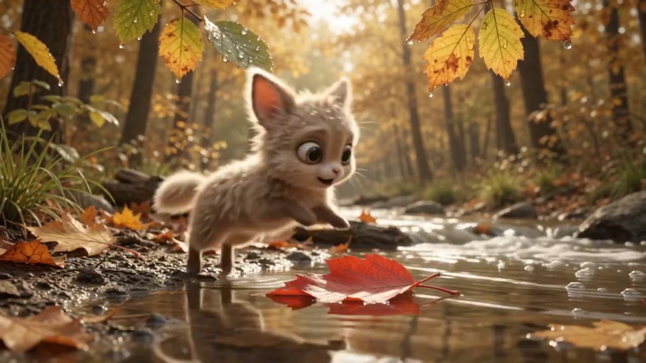 Brave Fantasy Kitten Sails Red Leaf Into White-Water Chaos