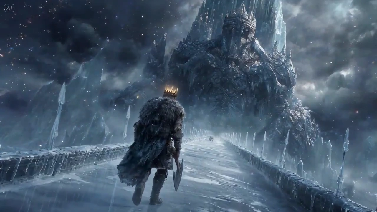 Solitary Fighter Charges Giant Armored Figure In Snowy Epic Landscape