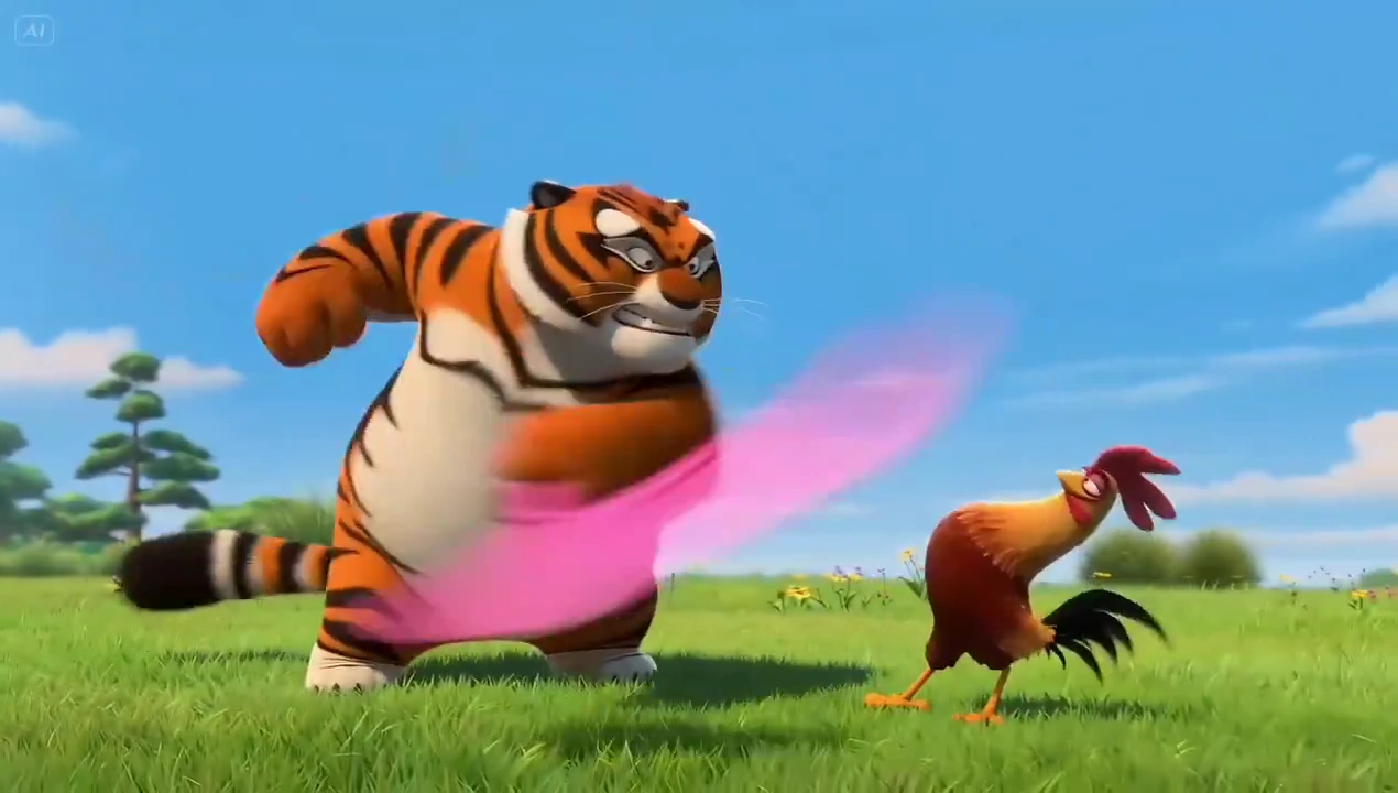 Rooster Dodges As Bumbling Tiger Loses Balance On Bright Green Grass