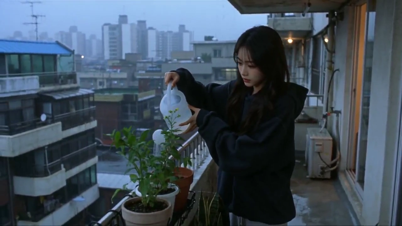 Cozy Blue-Hour Balcony Spill Captured in Early 2000s Home Video Style
