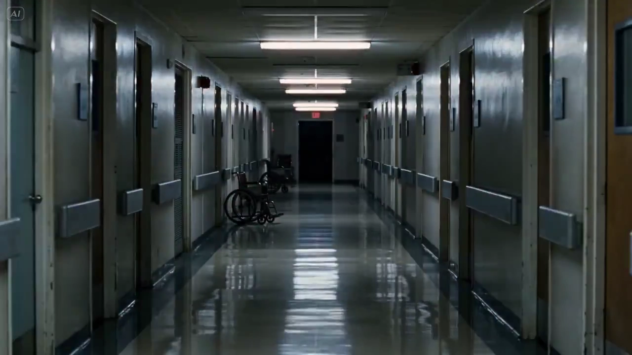 Eerie Silhouette Haunts Glossy Hospital Corridor in Photorealistic Horror