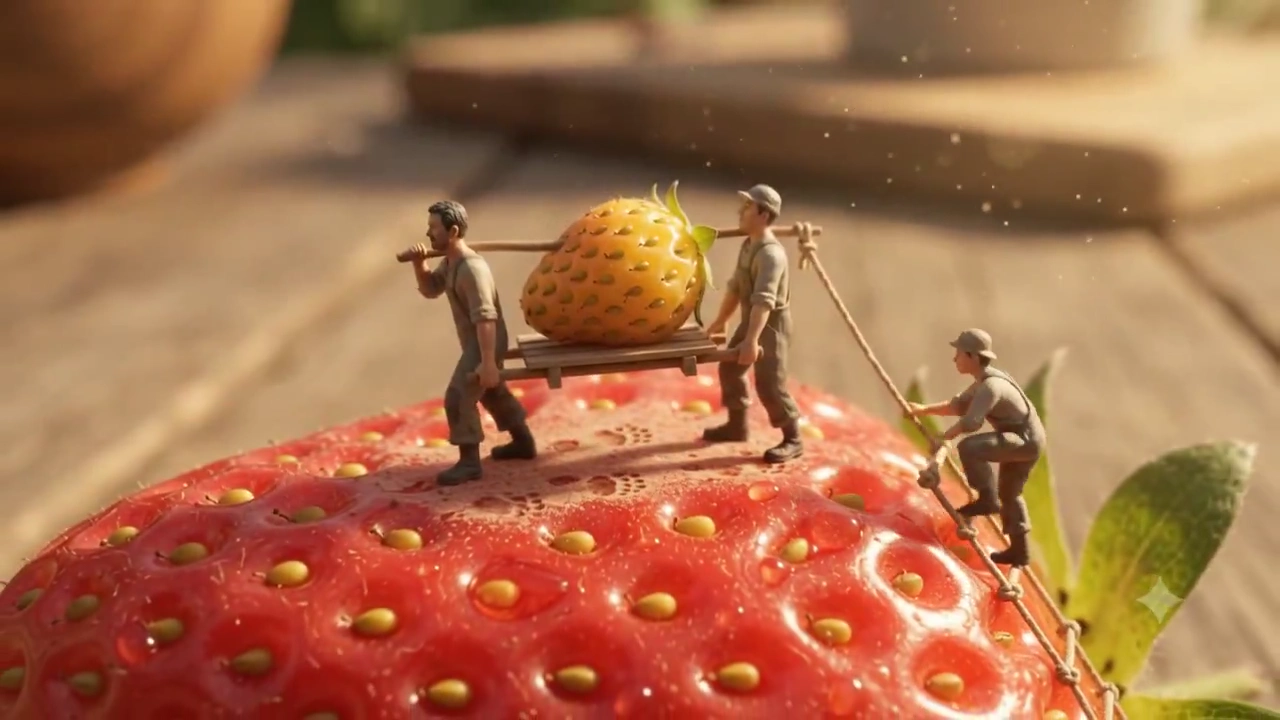 One-Inch-Tall Villagers Build and Work Around a Giant Strawberry