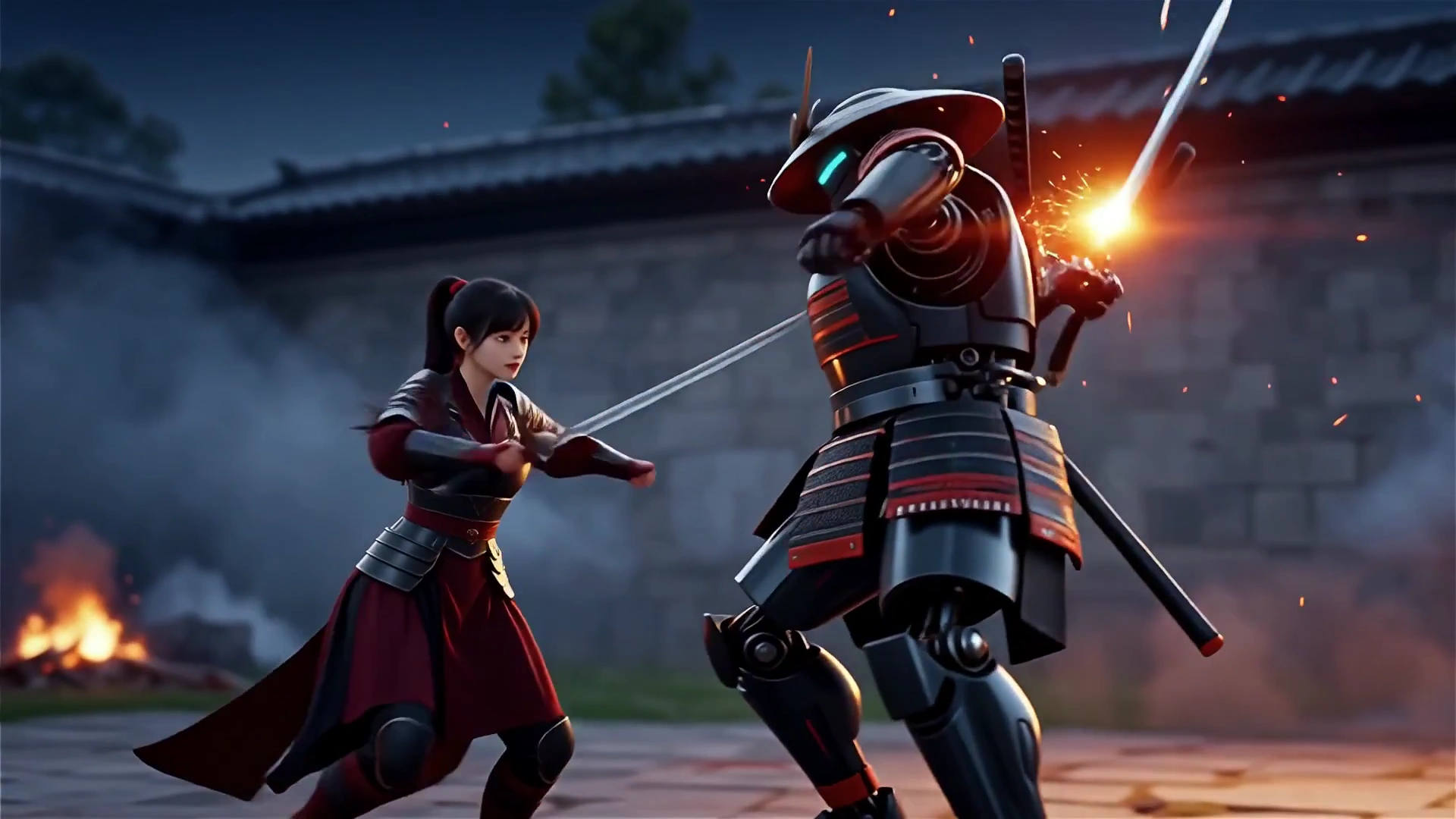 Sparks Fly as Woman Warrior Battles Robotic Samurai in Courtyard