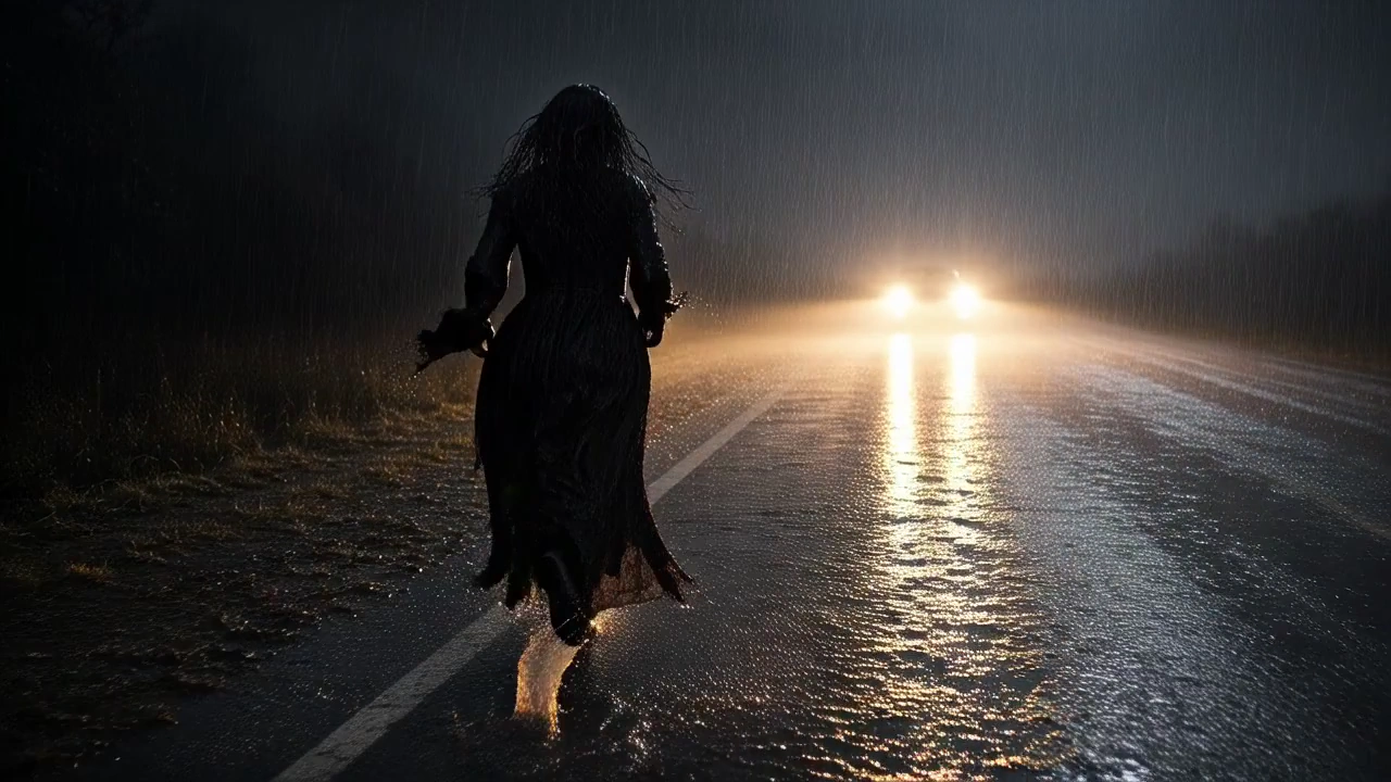 Terrifying Woman Appears on Dark Highway in the Rain