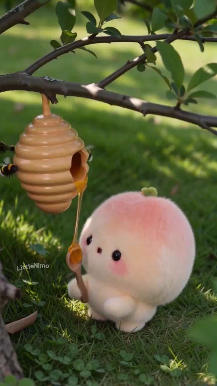 Adorable Peach Imp Discovers Hanging Honeycomb and Makes a Refreshing Drink