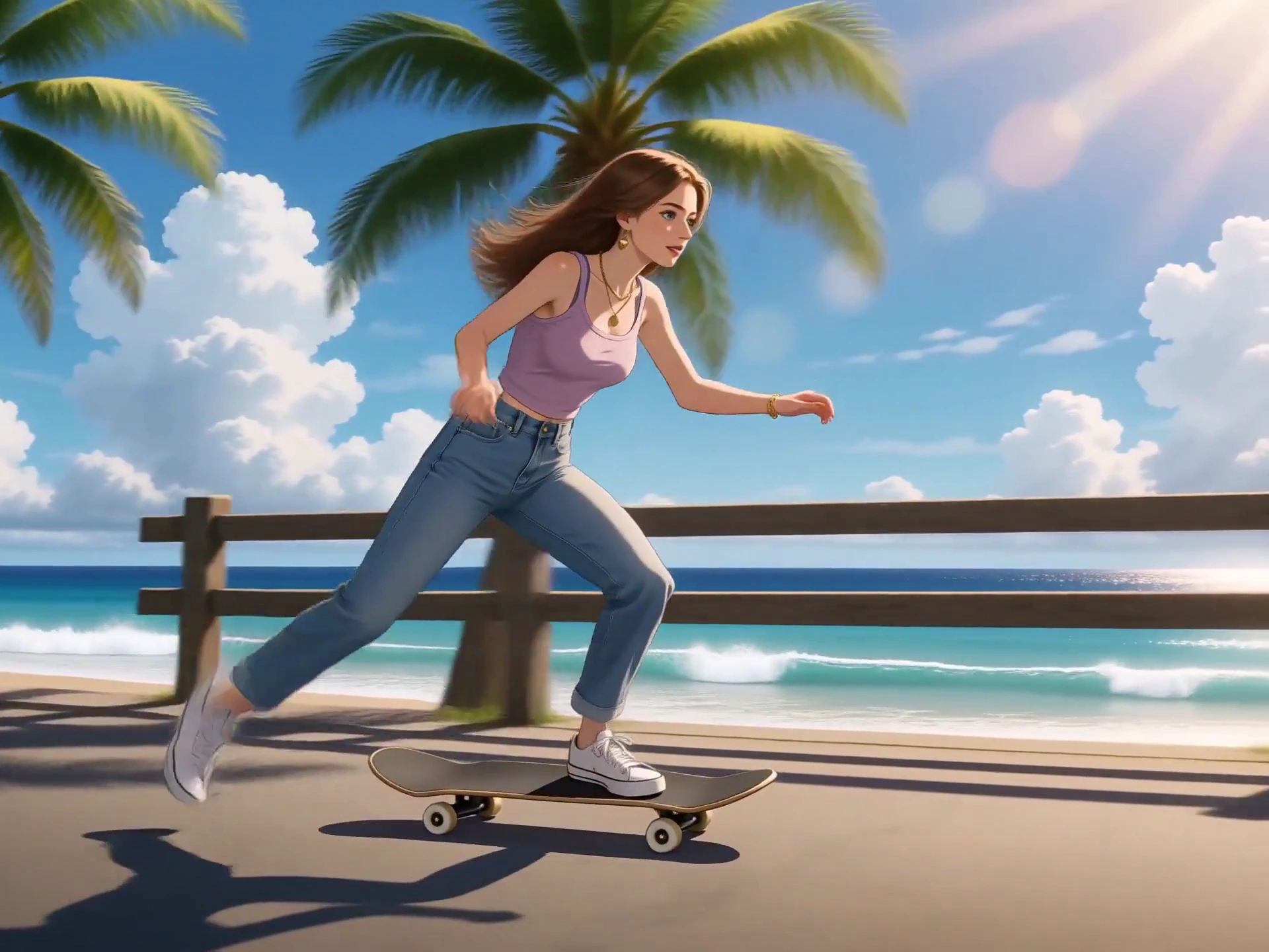 Skateboarder Rides Winding Road Above Turquoise Ocean Waves