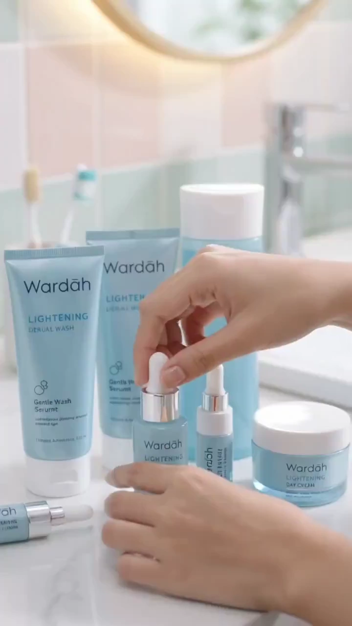 Serum Drops Fall Gently on Her Cheek in Soft Mint Bathroom