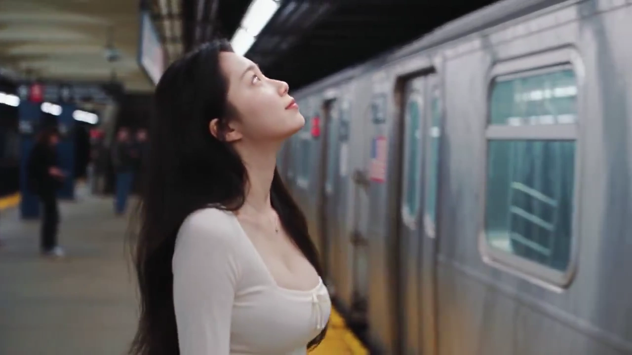 Silken Hair Flows as Woman Dances Beneath Metro Fluorescents