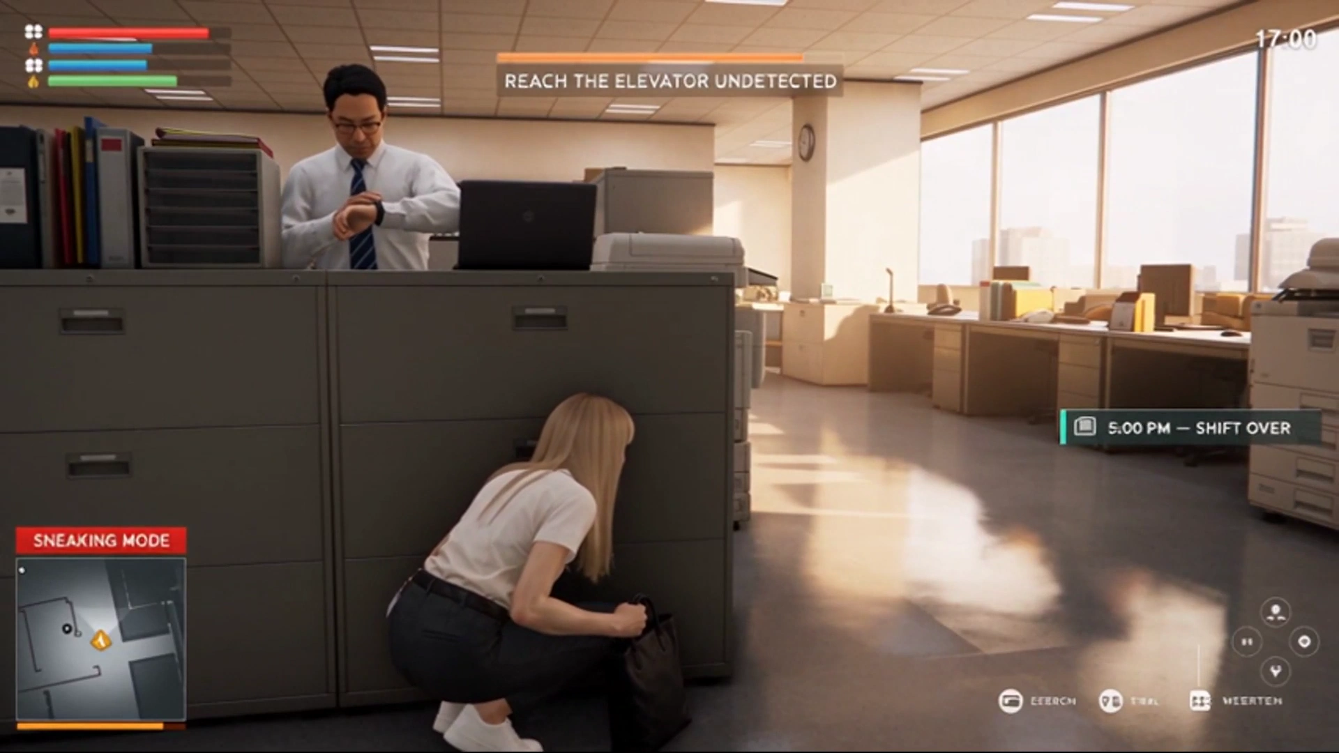 After-Hours Evasion: One Woman's Crouching Sprint to the Elevator