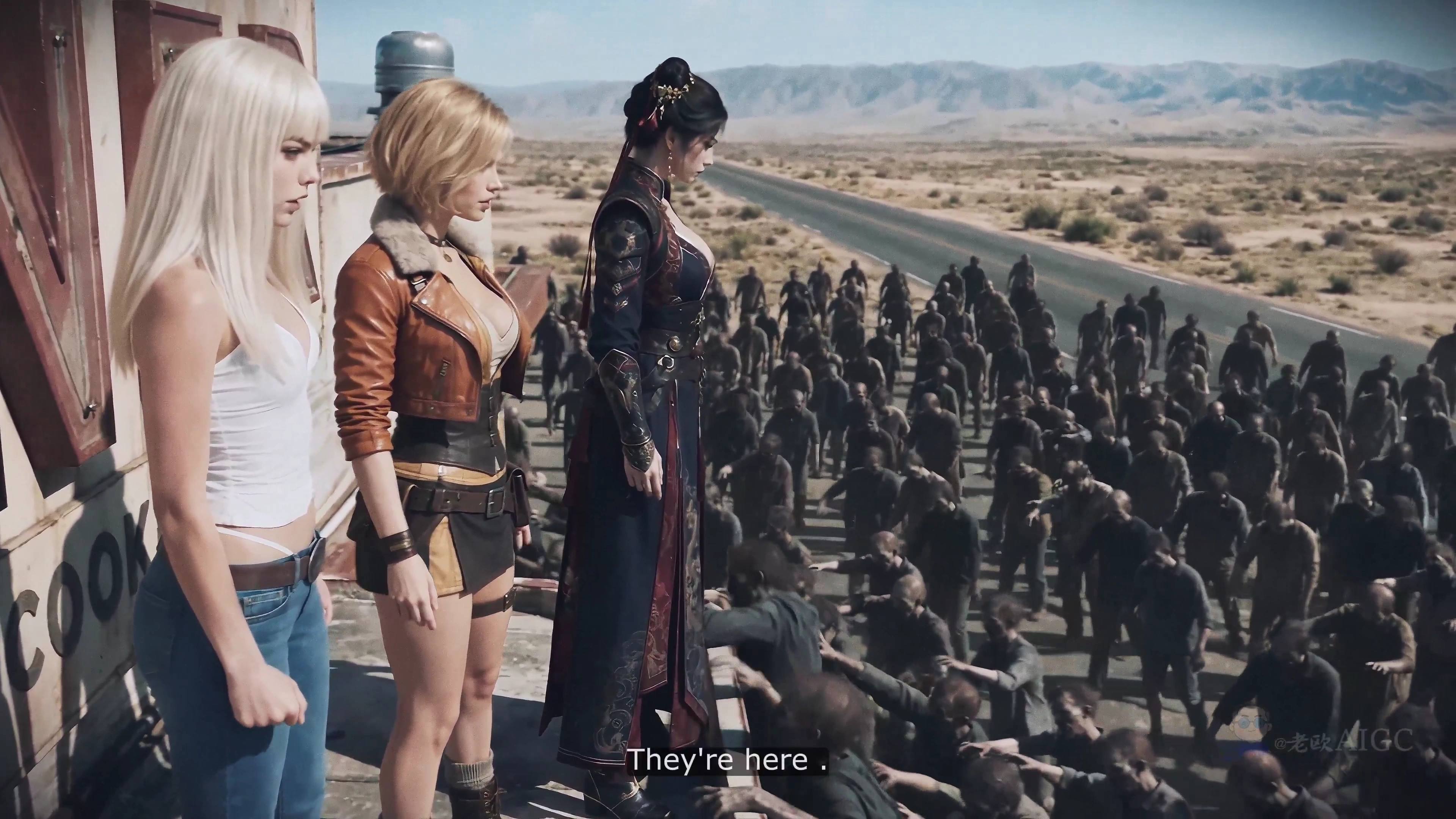 Desert Diner Rooftop Defense Against Zombie Siege with Magic Sword